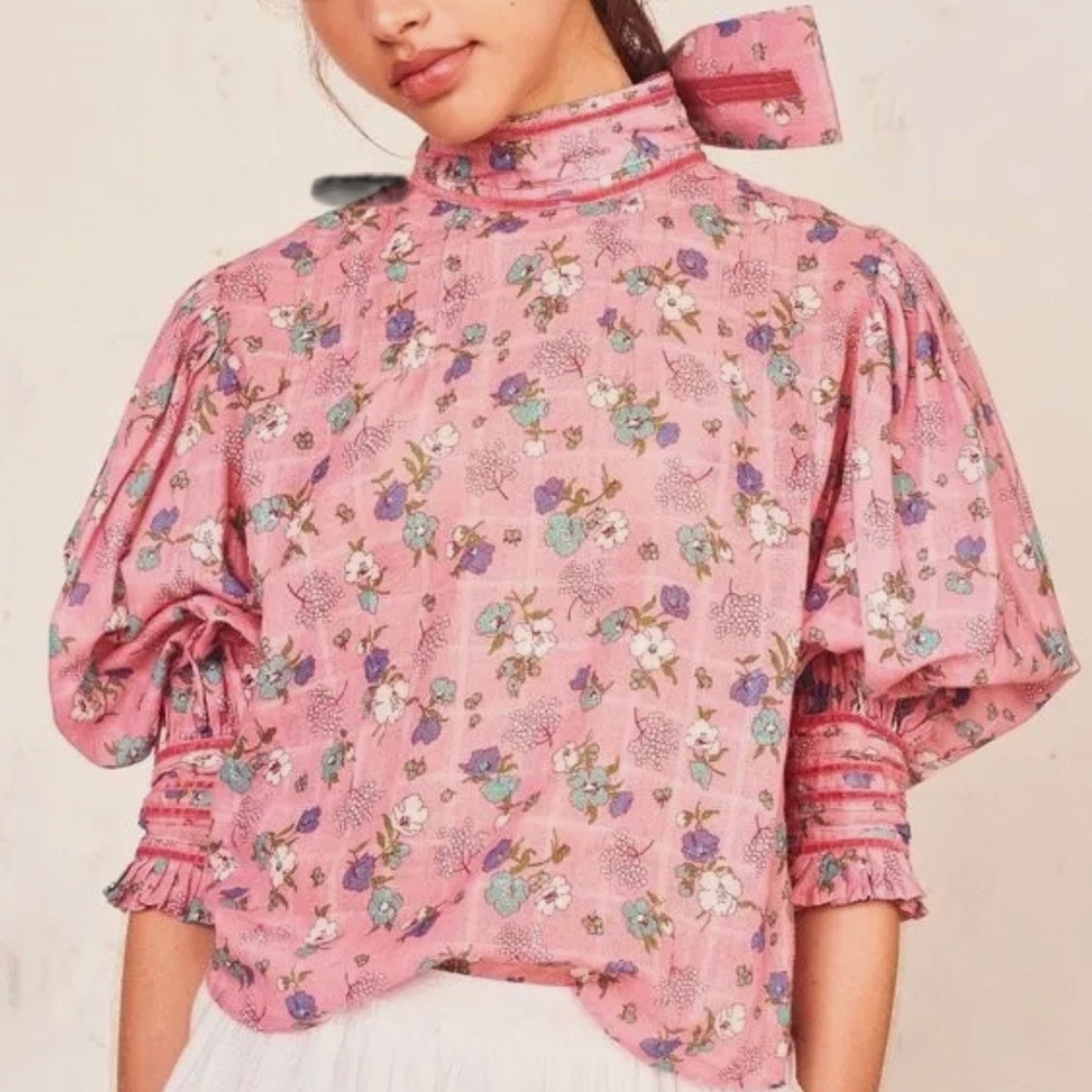 LoveShackFancy Brooke pink floral cotton velvet bow Victorian blouse shirt top S